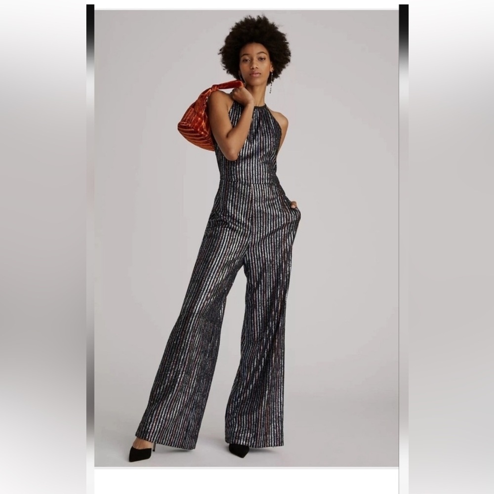 Anthropologie Black and Silver Striped Disco Jumpsuit New without Tag Sz 12